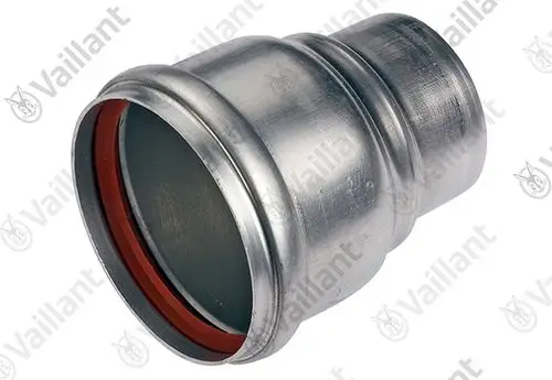 Vaillant Adapter für Abgasleitungen, aus Aluminium, mit einer runden Öffnung. Das Produkt hat eine glatte Oberfläche und eine Dichtung im Inneren.